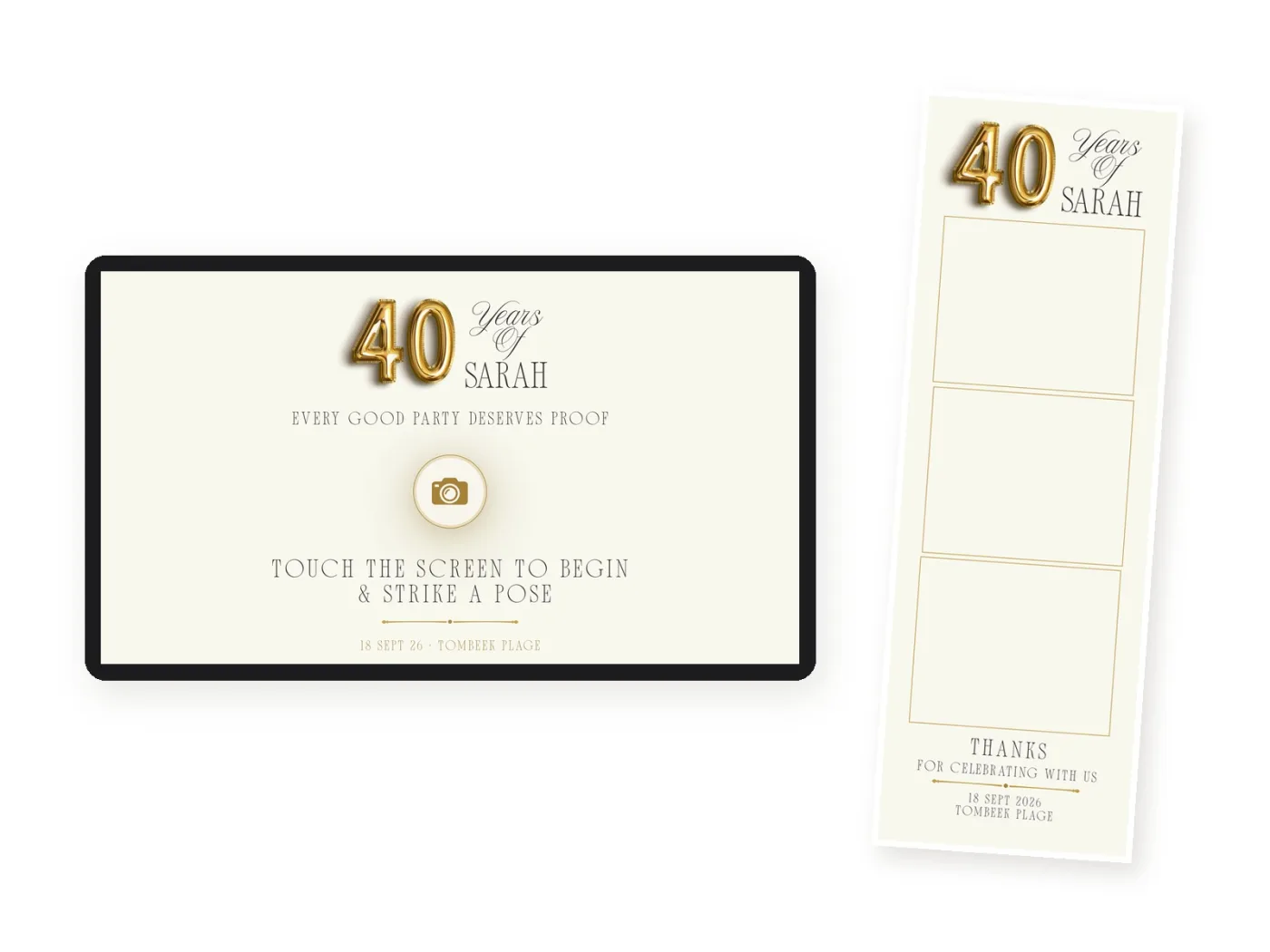 Custom waiting screen and photo strip design for a 40th birthday